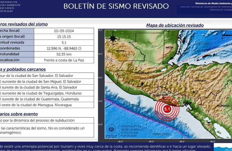 #SismoSV | Sismo de magnitud 5.1 frente a la costa de La Paz, El Salvador.