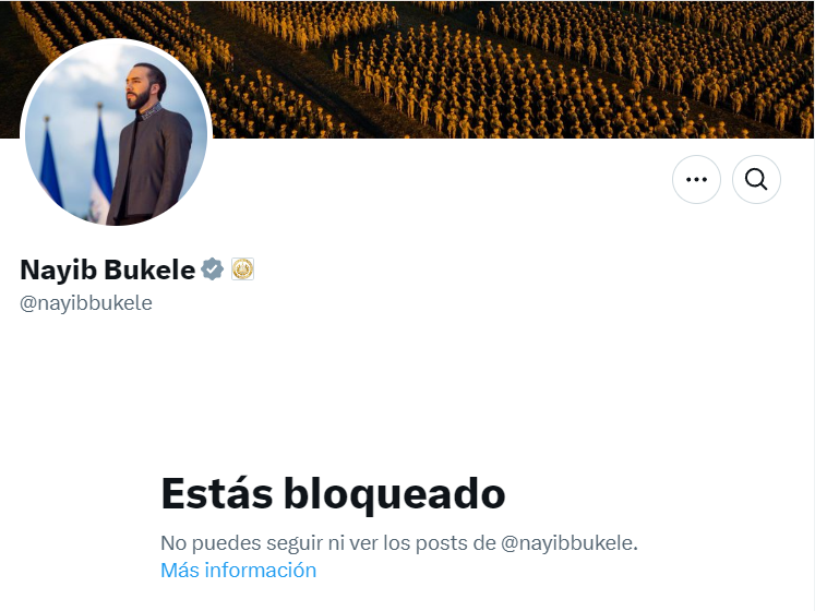 La imagen muestra una captura publicada en X sobre los bloqueos que realizaron las cuentas del gobierno de El Salvador